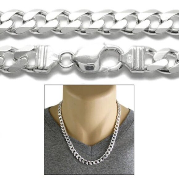 STERLING SILVER CUBAN CURB CHAIN NECKLACE 9MM (GAUGE 250) AVAILABLE IN 6 LENGTHS - Picture 1 of 2